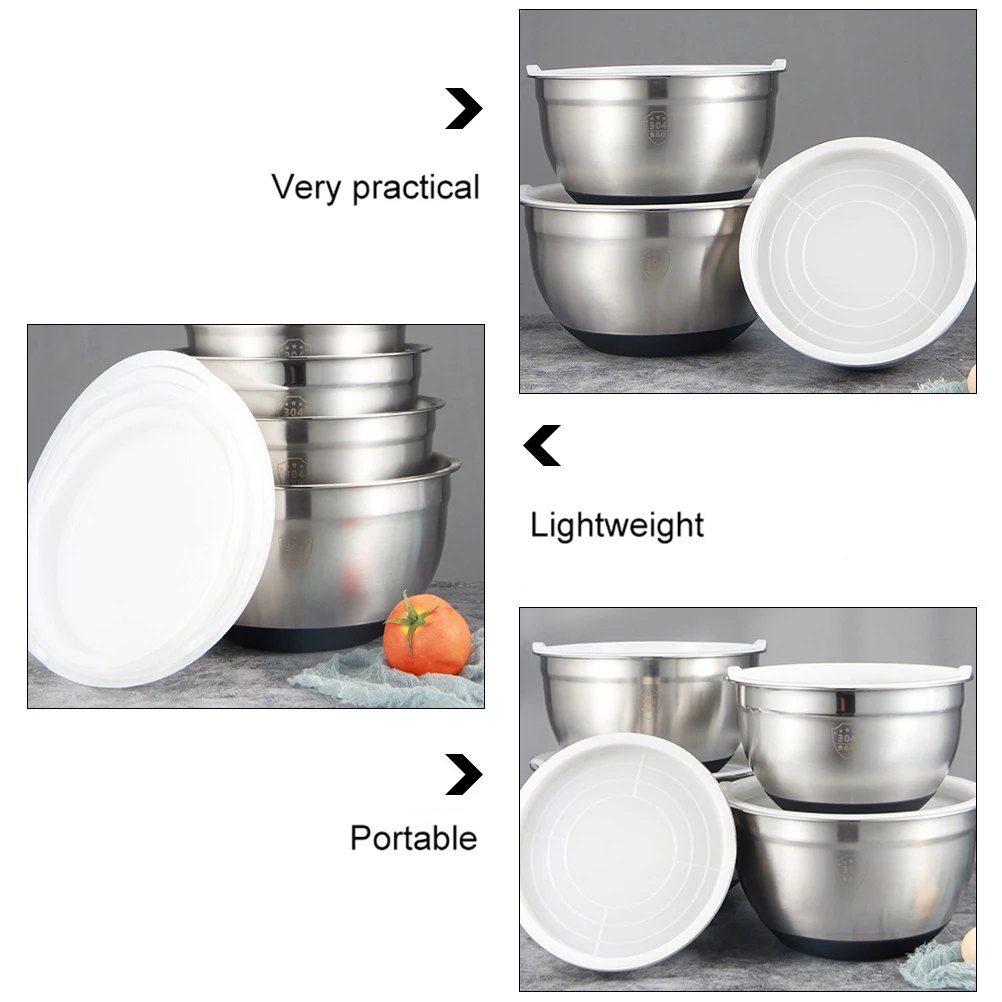 

Stainless Steel Mixing Bowl Set Silicone Lid Non Slip Base Perfect for Baking Dish Egg Beating Bowls Lids Household