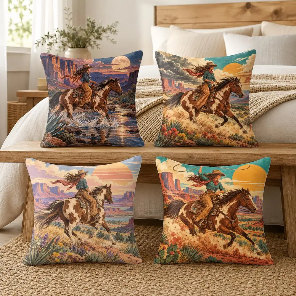 Cowgirl Southwestern Desert Landscape Cushion Cover Soft Pillow Cases Hidden Zipper Cutecore Sofa Bedroom Home Decor Gift