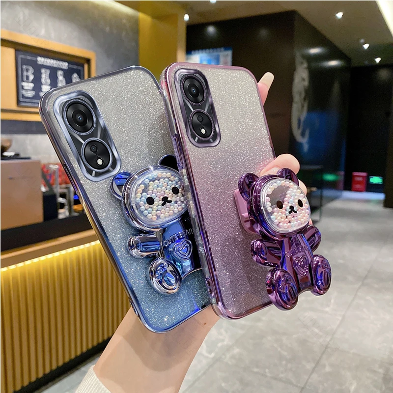 A 58 A 38 A78 A 17 Glitter Bling Bear Silicone Phone Holder Case For Oppo A58 A38 A78 4G A17 OppoA58 Girl Woman Stand Back Cover