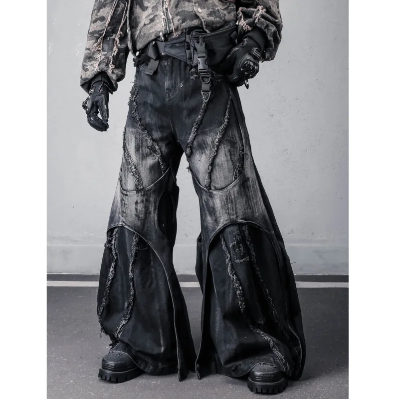 HKSH Waste Land Heavy Distressed Frayed Faux Two-piece Denim Pants Men Tide Dark Punk Jeans Washed Retro Flared Wide-leg HK20183