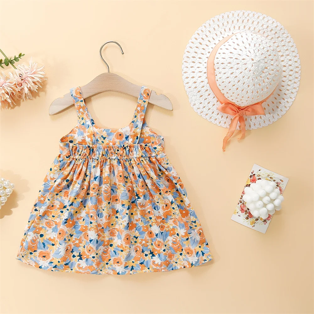 Baby Girl Dresses Summer Floral Cotton Suspender Dresses Cute Bow Girls Dresses Beach Dresses With Hats Baby Clothes Girls image 4