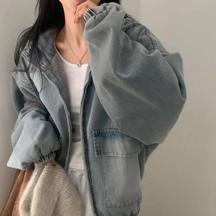 Faionable Thiened Fur Felpa con cappuccio Denim Jaet Donna Allentato Pigro Sle Capispalla Caldo Cappotto di cotone Primavera Autunno Inverno