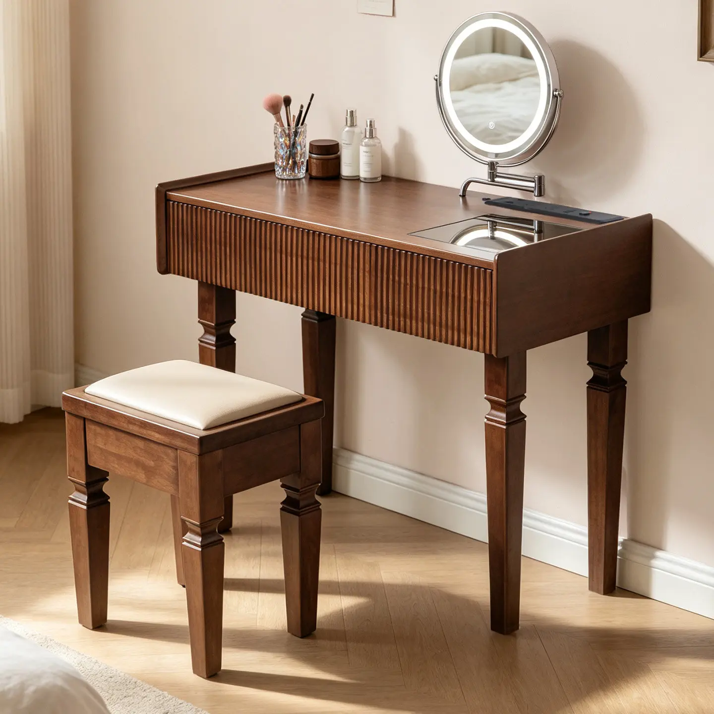 R8.18-solid wood hidden grid makeup table dressing table stool hidden storage bedroom mirror storage furniture chair