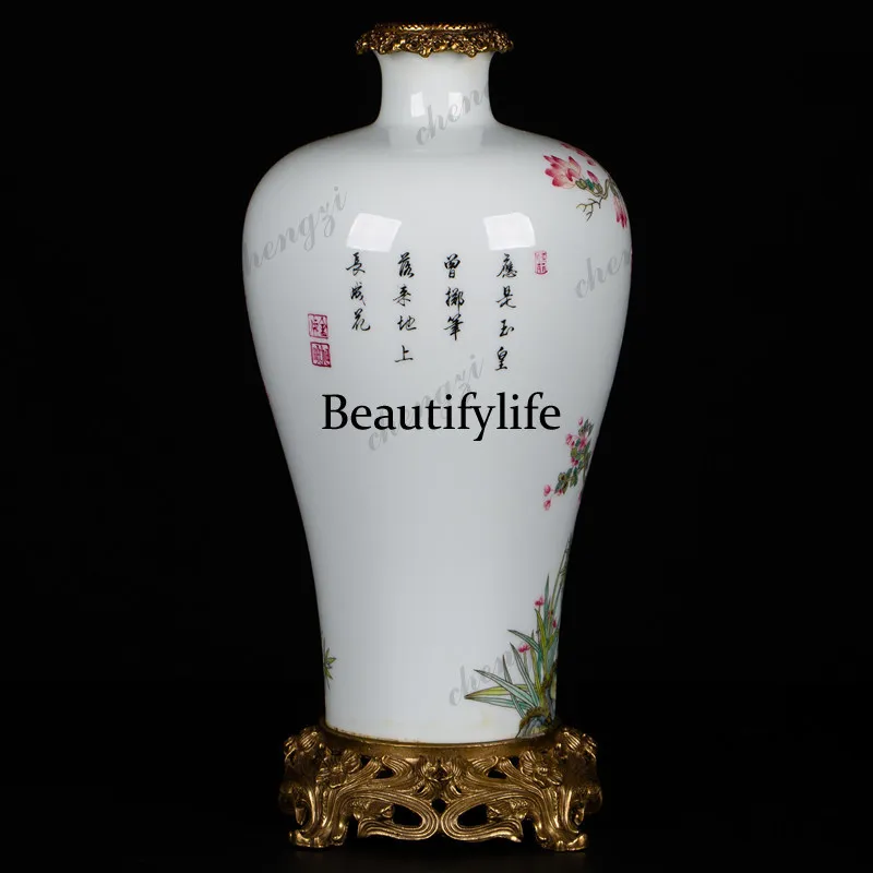 Hand painted pastel magpie golden cherry blossom plum vase Jingdezhen porcelain pair vase Chinese ornament