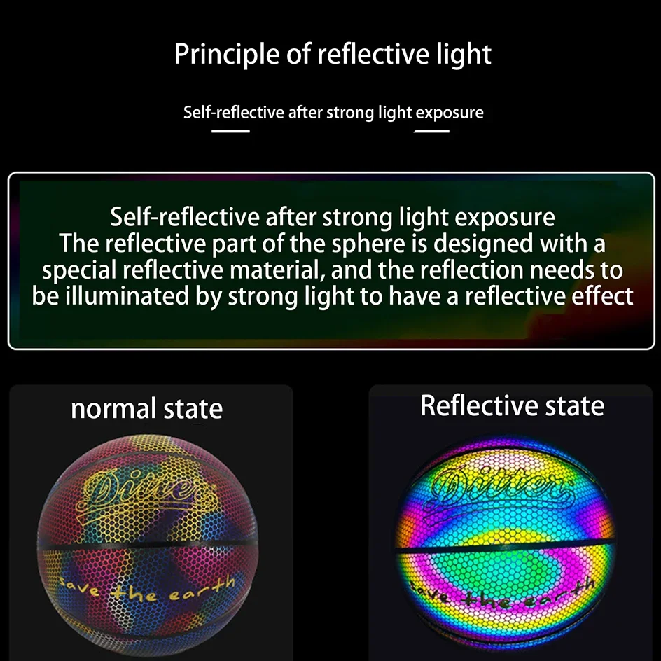 Basquete luz reflexiva para treinamento de competição, Dazzle PU resistente ao desgaste bola luminosa, 7 #