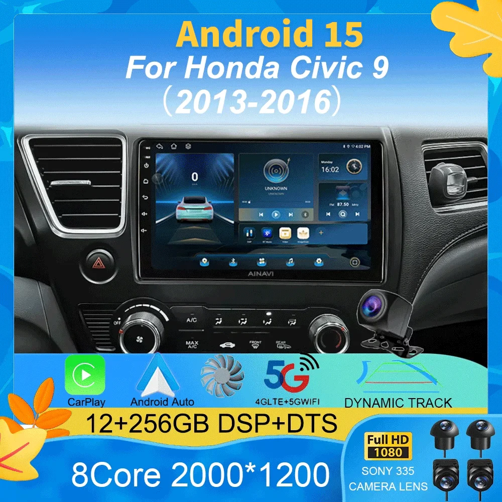 

9" QLED 12G 256G Car Radio Android 15 For Honda Civic 9 2013 - 2016 Stereo Wireless Carplay Auto Navigation GPS Multimedia Playe