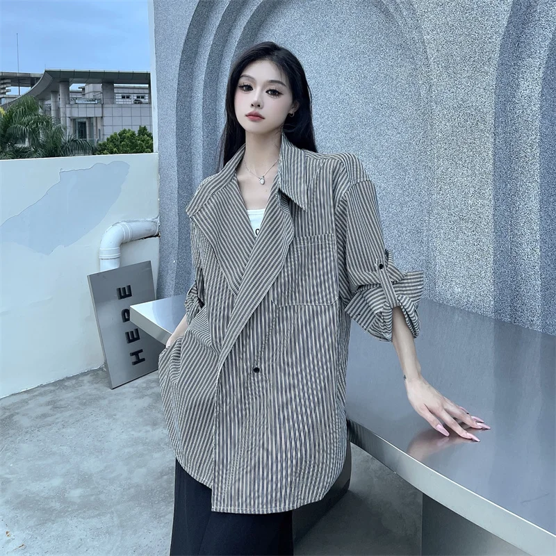 

American Loose Striped Shirt Women's Autumn Oversize Atmosphere Women Shorts Casual Long Loose Coat