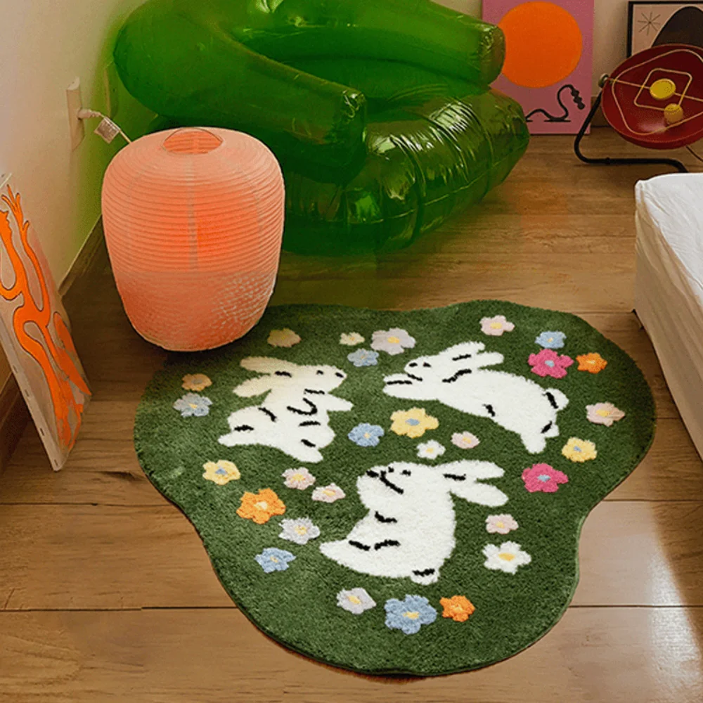 VIKAMA Cartoon Green Lawn Rabbit Carpet Home Decor, Non-Slip And Dirt-Resistant, For Easter Living Room Or Bedroom Floor Mat