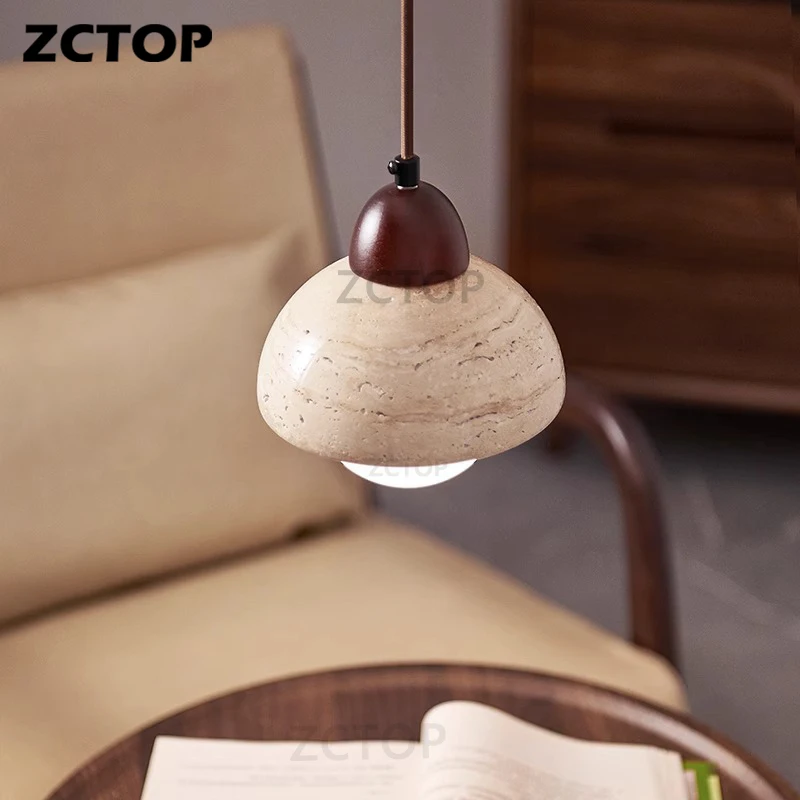 Wabi-Sabi Yellow Travertine Pendant Light Japanese Cave Stone Hanging Lamp for Kitchen Island Restaurant Bedroom Bedside Light view 3