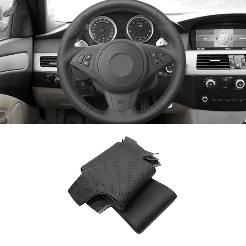 Car Perforated Leather Steering Wheel Cover Trim For BMW E60 E61 Touring 530d 545i 550i E63 Coupe E64 630i 650i 2003-2010 Black