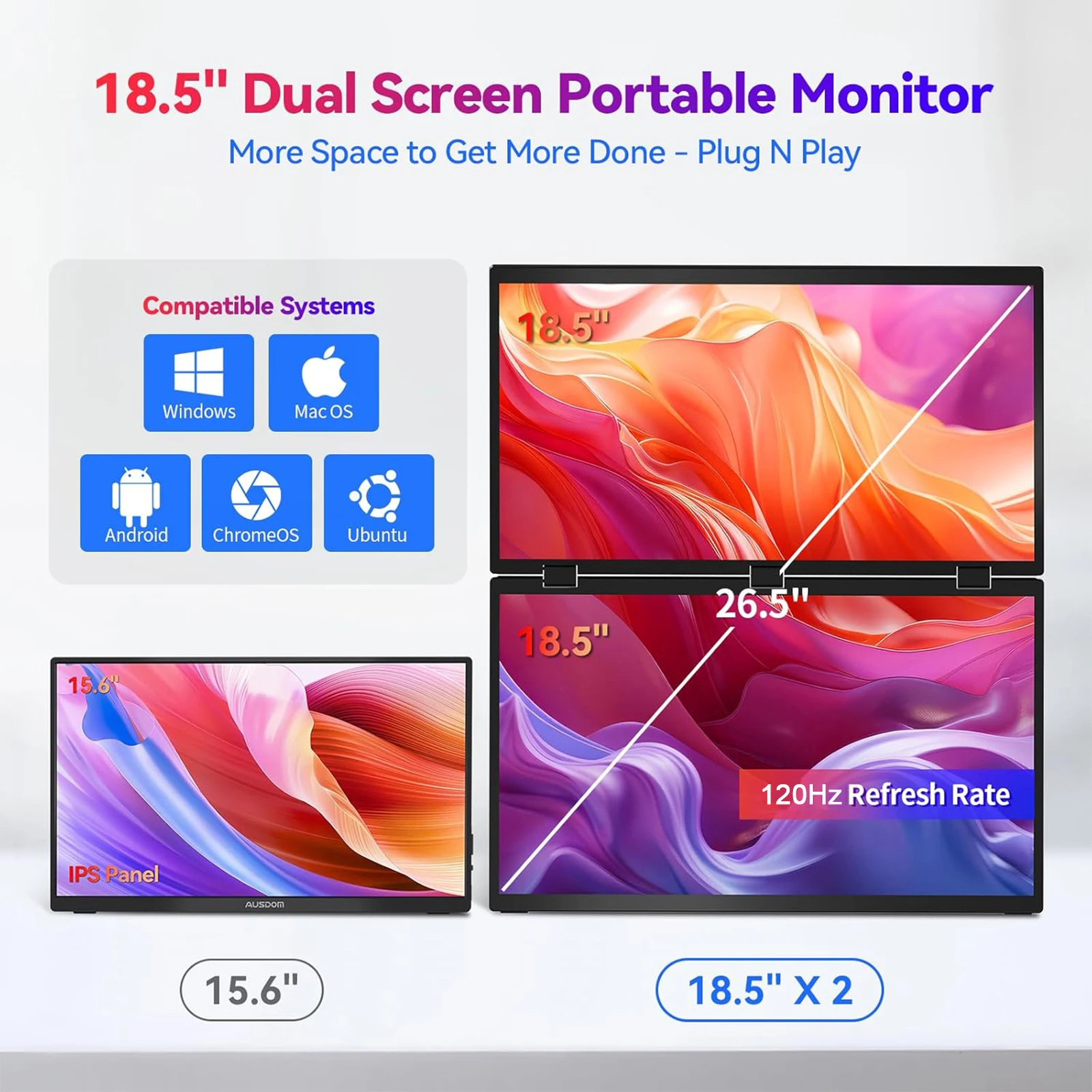 GAMINJA Monitor portatile doppio triplo da 18,5 pollici 120Hz FHD 1080P USB-C HDMI HDR Monitor ausiliario Monitor da gioco per laptop pieghevole