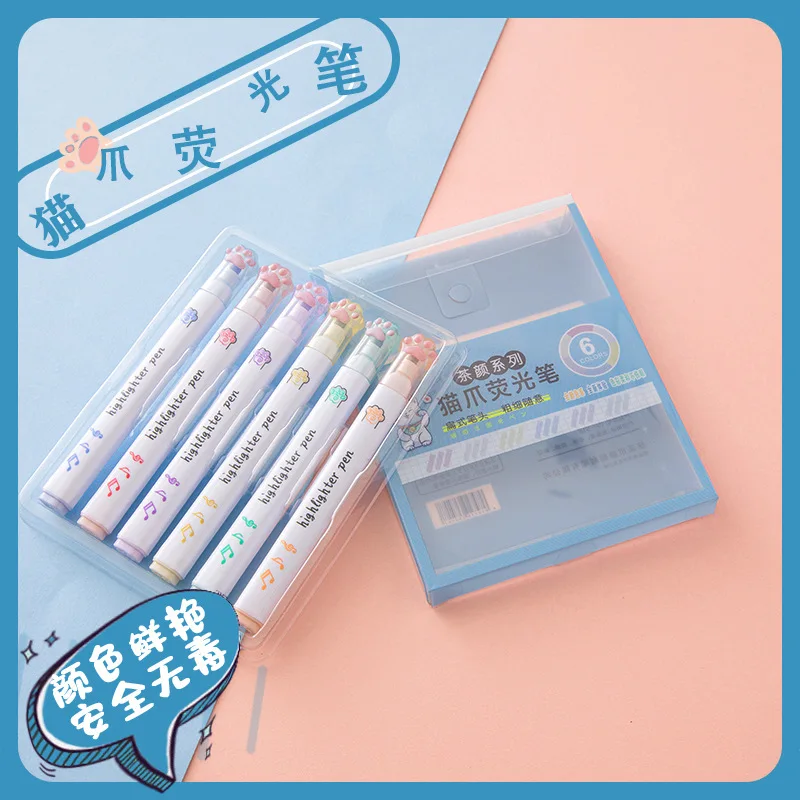 Stylos surligneurs structurels ents Kawaii patte de chat, stylo à dessin pastel, fournitures scolaires et de bureau pour étudiants, papeterie mignonne, ensemble de 6 pièces