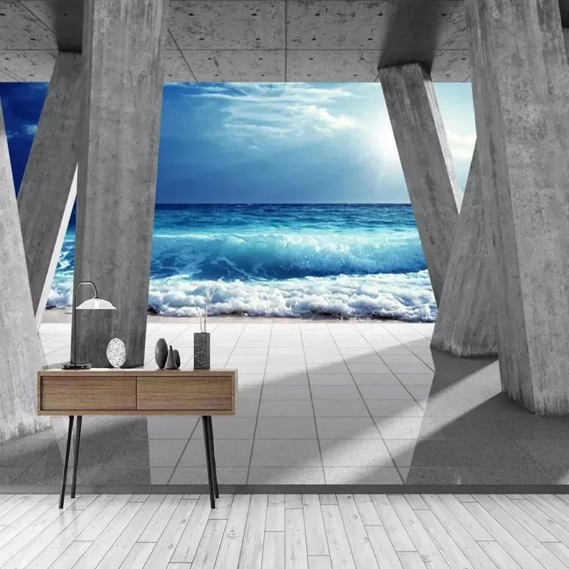 Custom Size Photo Wallpaper Modern Stone Pillar Sea Wave Landscape Photo Wall Murals Living Room Dining Room Waterproof Mural