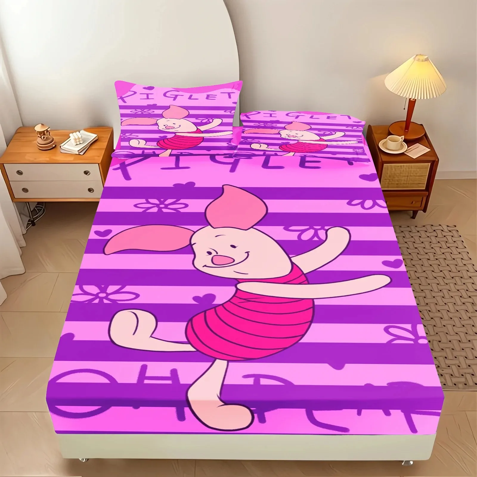 Cartoon Winnie the Pooh printed bed sheet with pillowcase, Disney cartoon bedding, boy and girl bedroom bedspread, customizable