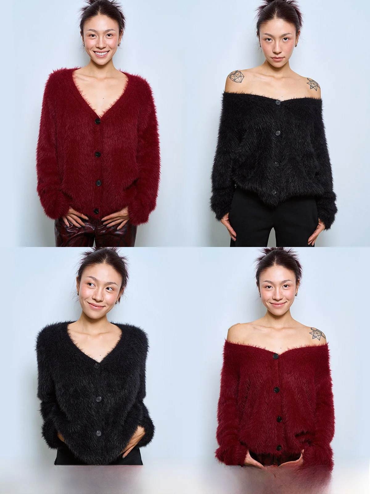 

Thiened Long Hair Velvet V-Ne Open Cardigan Sweater Soft Comfy New Year's Faion Outerwear Versatile Sling Options