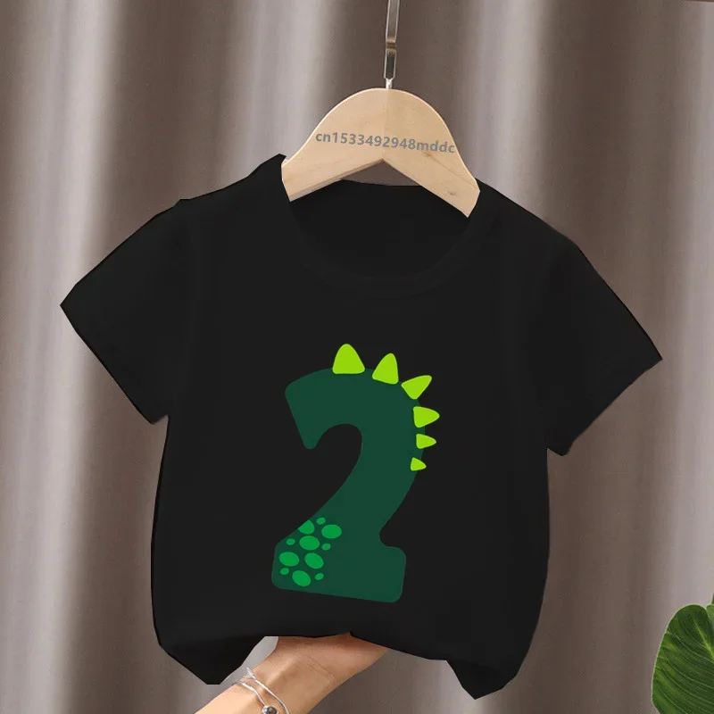 Cute Little Dinosaur Birthday Number Bow Kids T shirt 1 2 3 4 5 6 7 8 9 Years Girls Clothes Baby Boys Short Sleeve T-Shirts