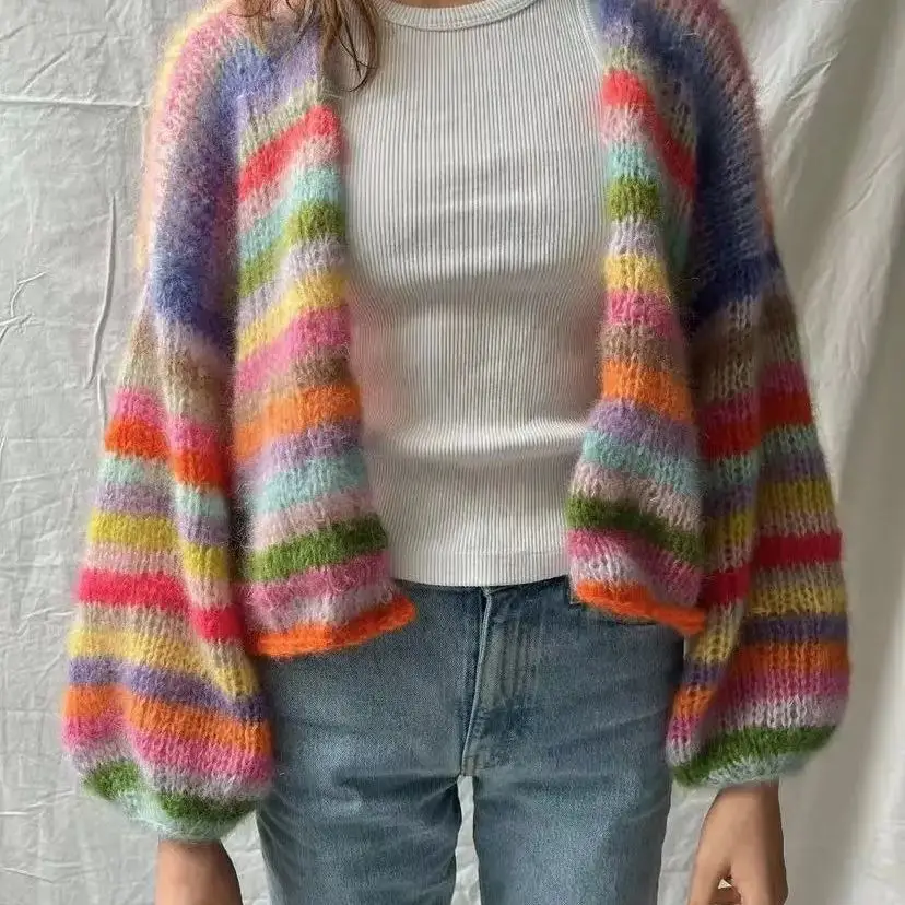 

2024 early autumn new striped mohair fur coat loose and lazy style women's handmade knitted sweater short cardigan jacket simple