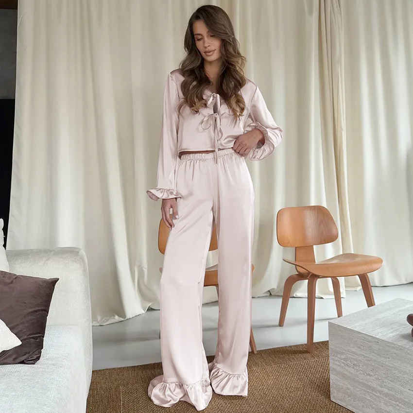 2026 Autumn Winter Women's Long Sleeve Ruffle Edge Satin Pajama Set Comfortable Skin Friendly Loungewear Outdoor Wear L Size