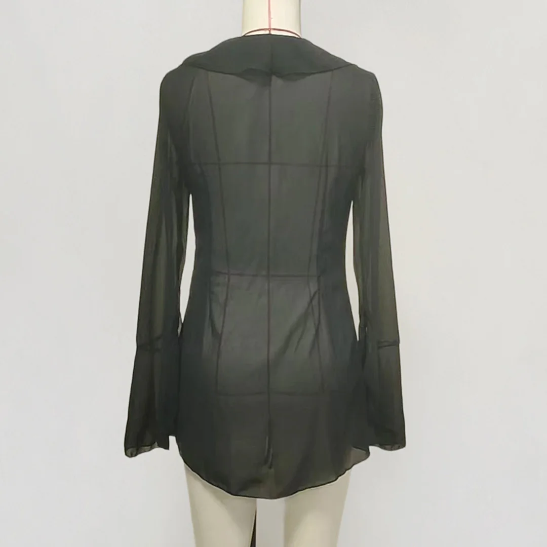 2026 Langarm V-Ausschnitt Rüschen-Strickkleid mit Durchsicht, Strandtunika, Damen-Strandkleidung, Strandbekleidung, Strand-Cover-up, Damen-Cover-ups V6992 – Detail 13