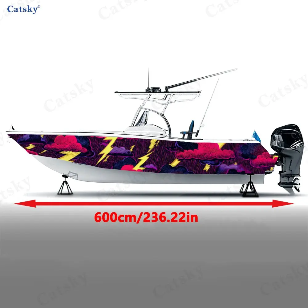 2Pcs Color Lightning Cloud Boat Stickers, PVC Waterproof Durable Vinyl Wrap Decals for Fishing Boats, Durable and Stylish Design