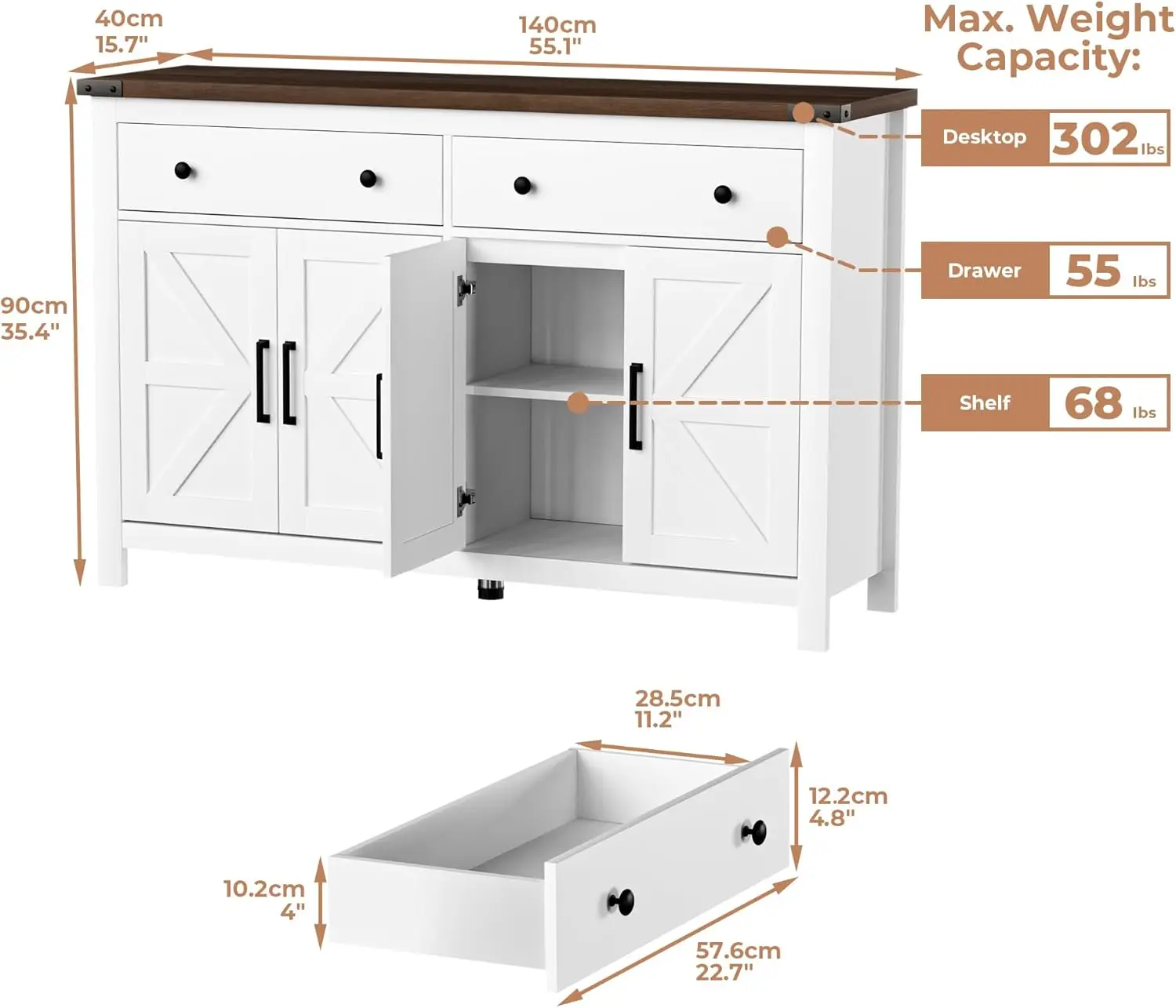 Credenza buffet da 55" con contenitore, mobile da bar con 2 cassetti e 4 ante della stalla, lungo armadio portaoggetti moderno