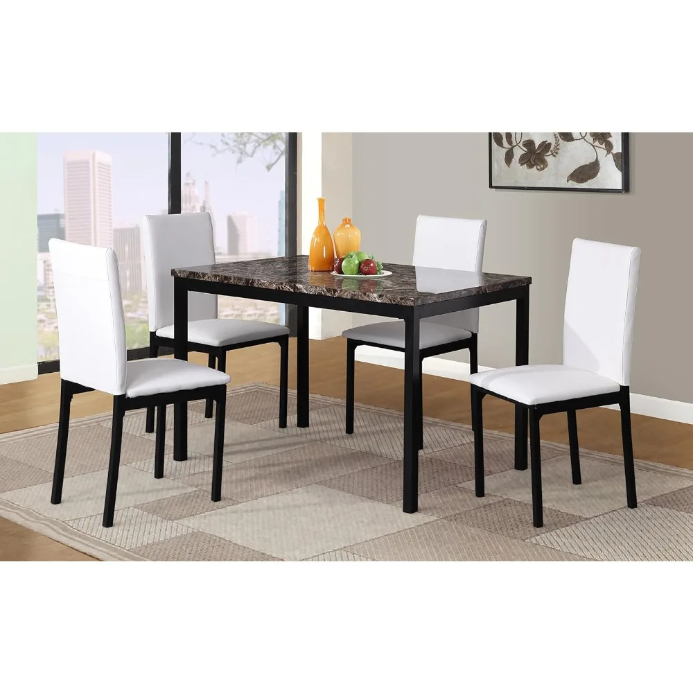 Roundhill Furniture 5 Piece Citico Metal Dinette Set with Laminated Faux Marble Top - White