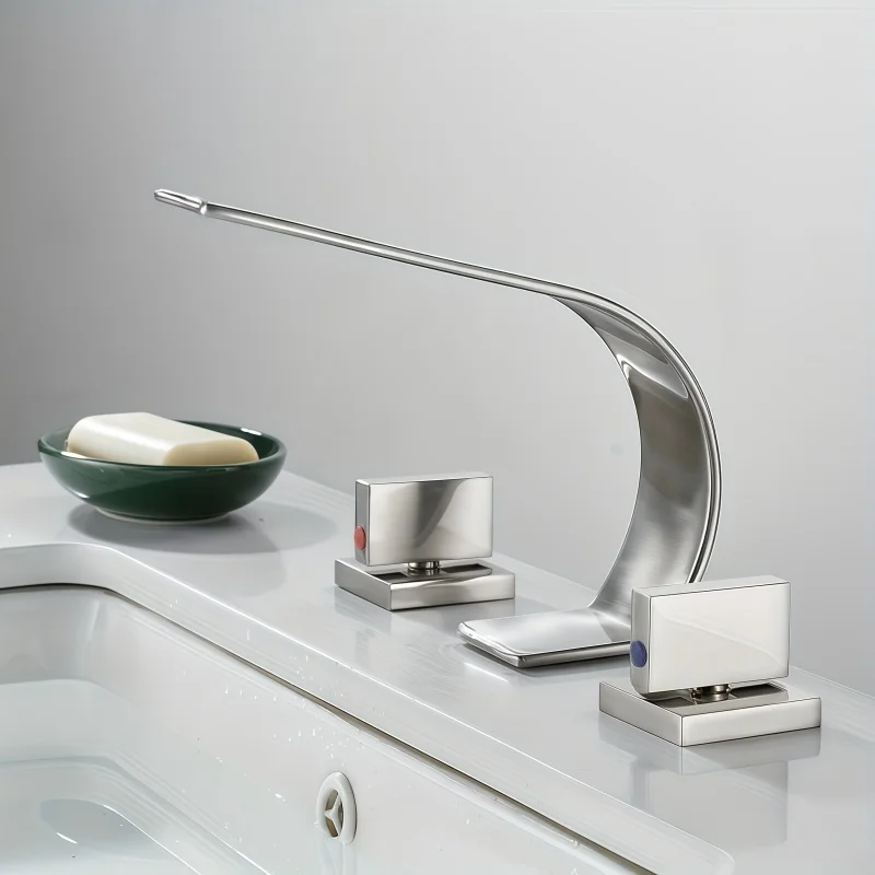 3 Pieces Brush And Gold Deck Mounted Waterfall Wide Spout Double Handles Bath Bathtub Faucet Bathroom Mixer Tap