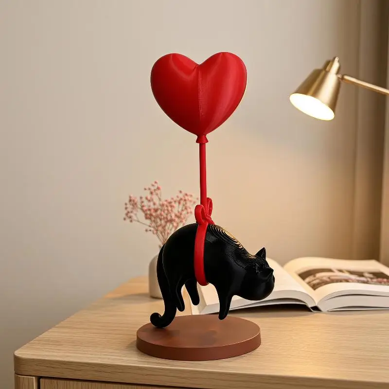 Cute Floating Cat Statue with Heart Shaped Balloon 1Pcs Romantic Decor for Desk Living Room Small Ornament