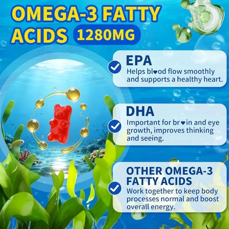 Pure Omega-3 Gummies 1000mg Contain 460mg of Plant-based DHA and 230mg of EPA, and Vitamins A, C, and E Support Immune Health