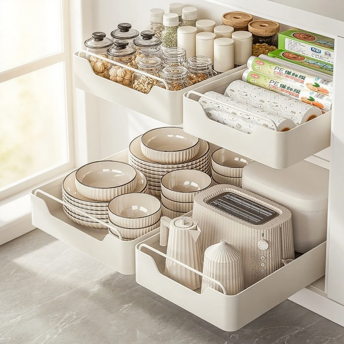 

Cabinet Drawer Tray Pull-out Multi-function Kitchen Storage Rack Kitchen Organizer and Storage Container White