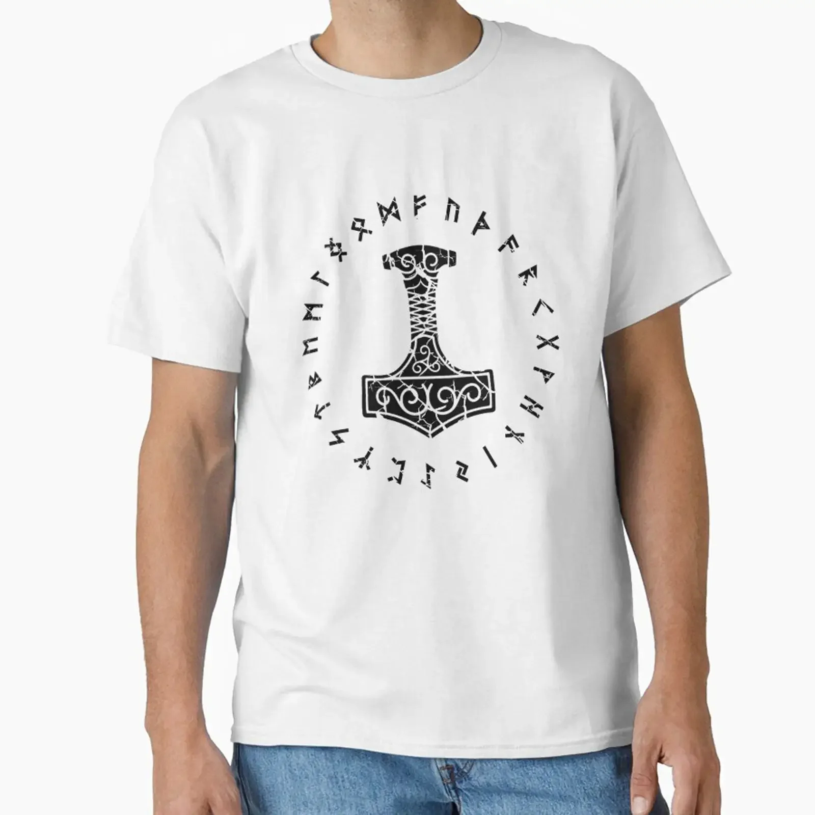 Thors Hammer Mjolnir Norse Elder Futhark Viking Runes Distressed Black Classic T Shirt vintage Washed Versatile Breathable