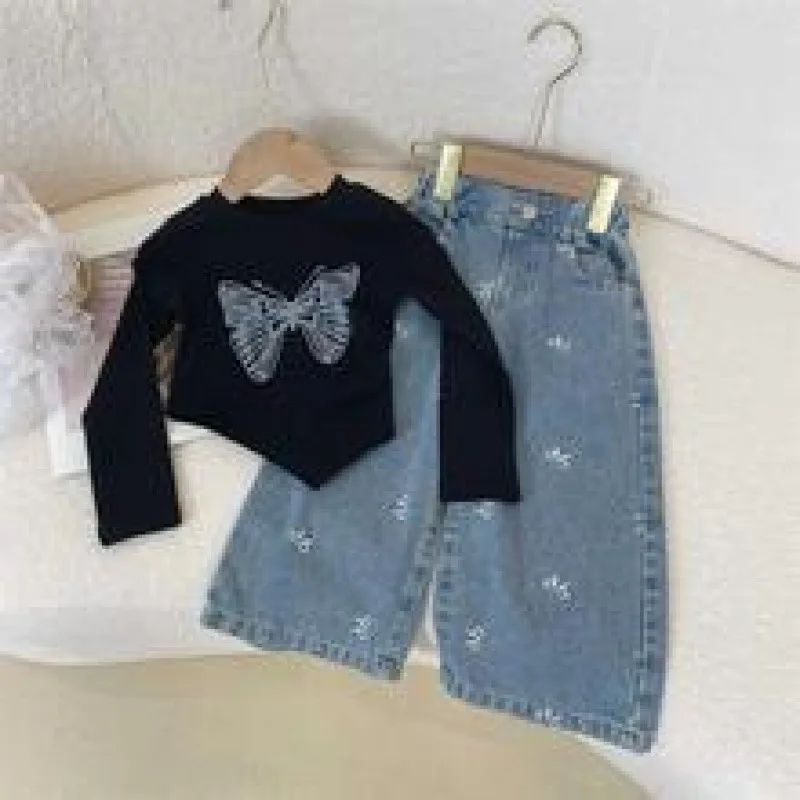

Children's Outfit New Spring and Autumn Girls' Trendy Butterfly Long SleeveTT-shirt+Bowknot Jeans Two-Piece Set
