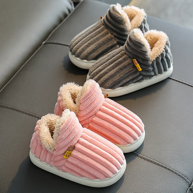 bota New Winter Concise Stripe Plush Slippers Child Non-slip Soft Sole Kids Boys Girl Heel Wrap Warm Parenting Home Cotton Shoes