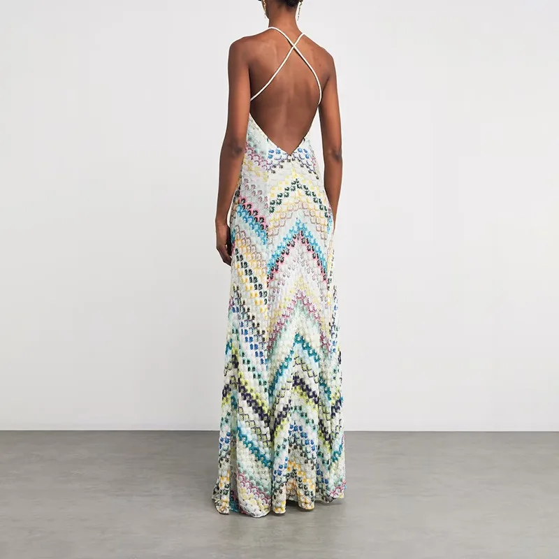 Bohemian Multicolor Chevron Halter Maxi Dress Retro Deep V Neck Criss Cross Backless Sleeveless Pleated Draped Dresses Holiday