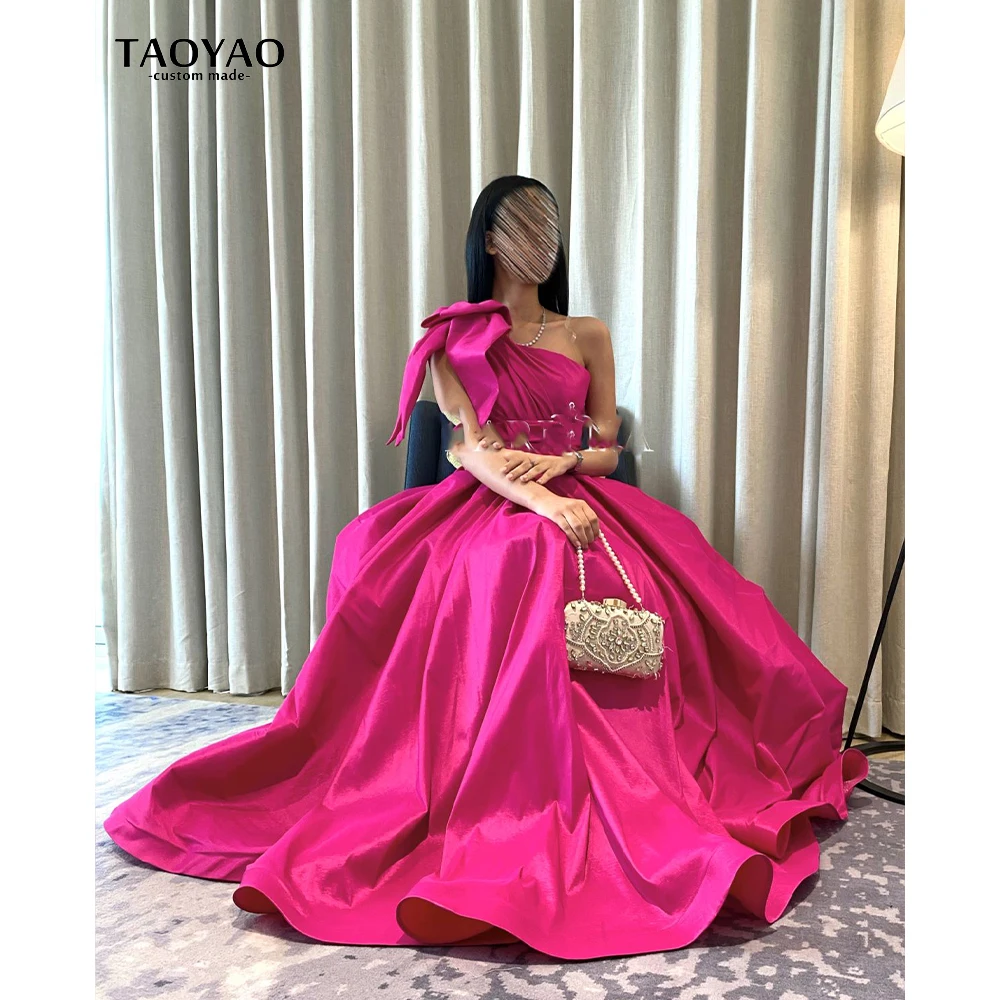 Fuchsia Elegant A Line One Shoulder Long Evening Dresses Romantic Party Dresses With A Bow Prom Gowns Robe De Soirée Vestido