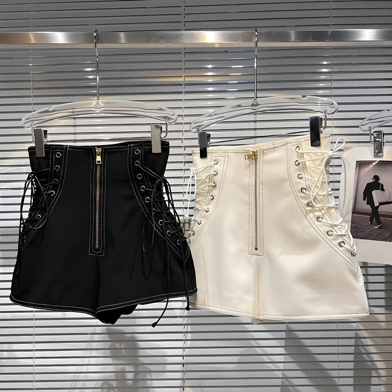 Women's Side Lace-up Design Shorts Autumn New Fashion High Waist Zipper Trendy Casual A-line Personality Solid Color Shorts