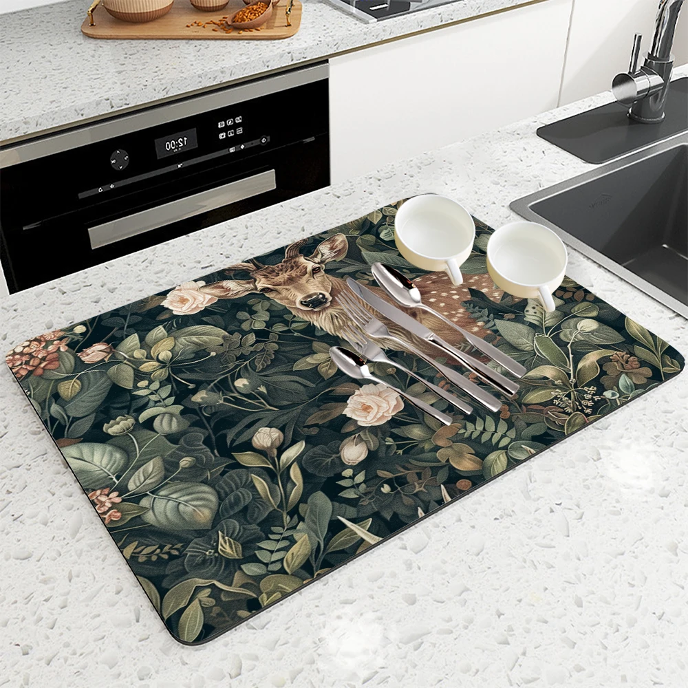 Diatom Mud Kitchen Drain Pads Deer Fox Absorbent Bowls  Dish Tableware Draining Mat Placemats for Table Coffee Machine Mat