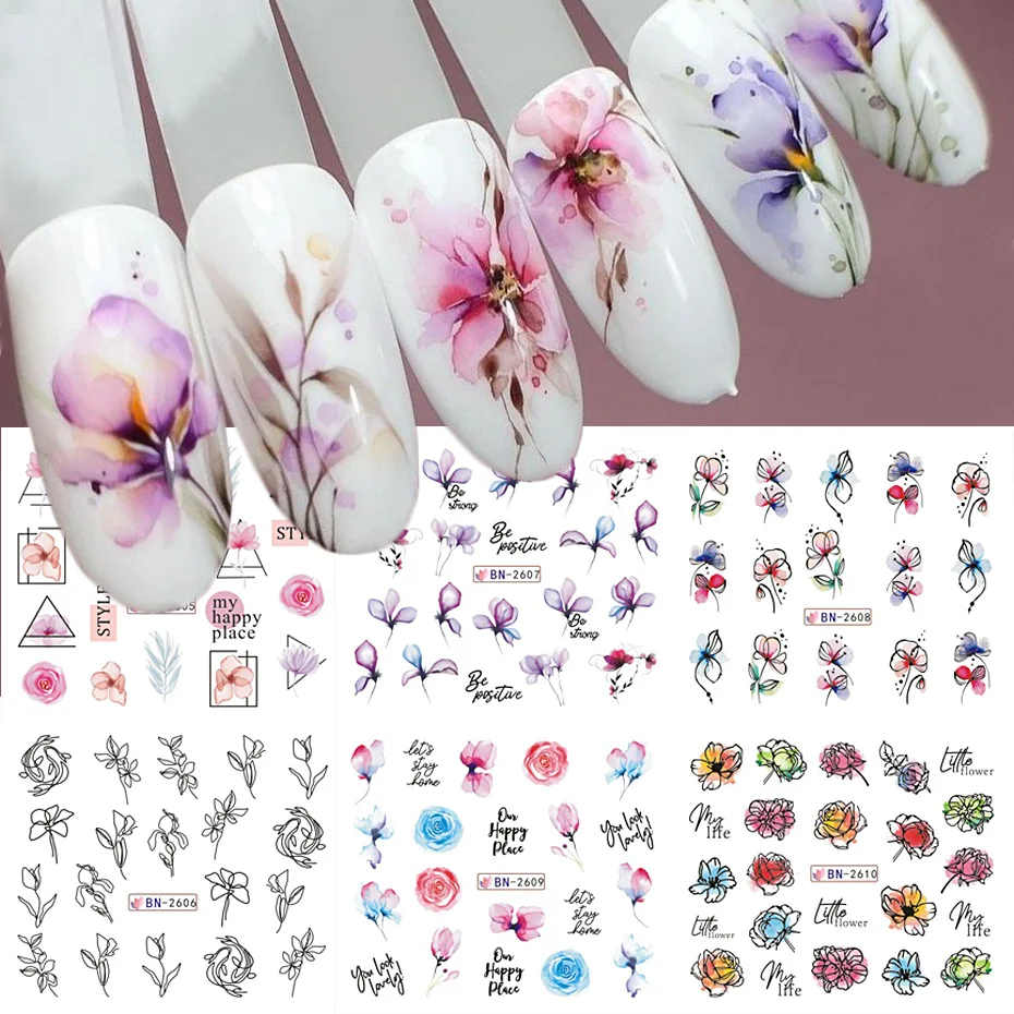 الزهور المائية يترك ملصقات الأظافر خط الهندسة الكتابة على الجدران رسمت الملونة المنزلق نقل المياه الشارات مانيكير الديكور