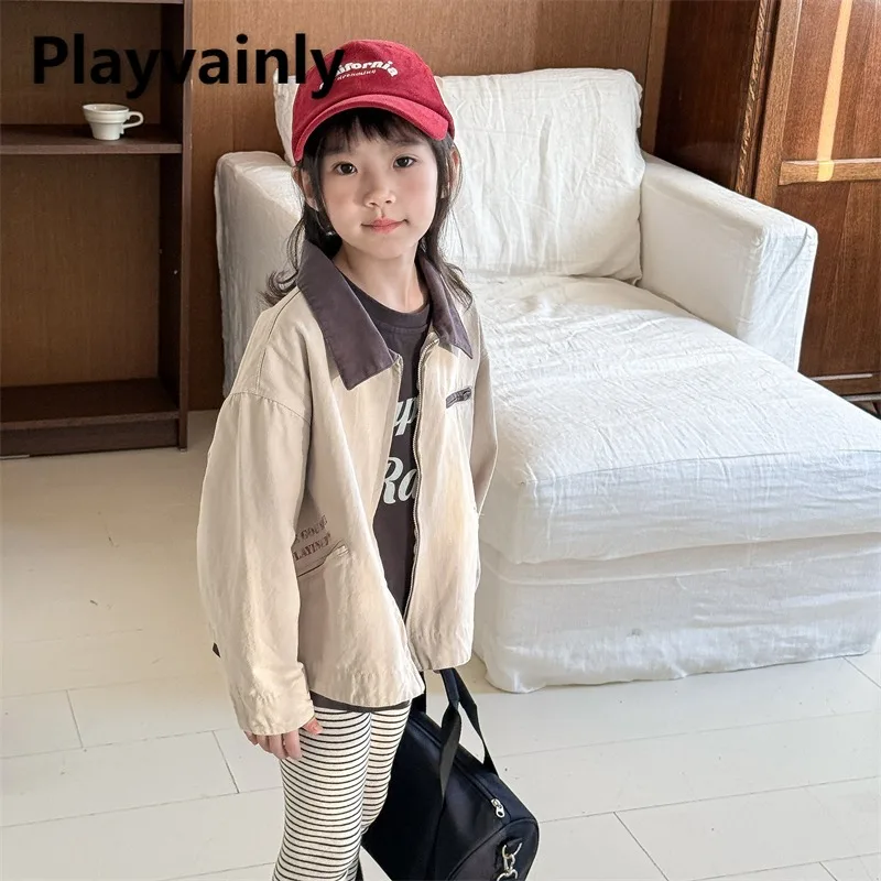 

2025 New Spring Autumn Children's Casual Jacket Khaki Blue Letter Print Turn-down Collar Zipper Outerwear Boy Girl Clothes A6070