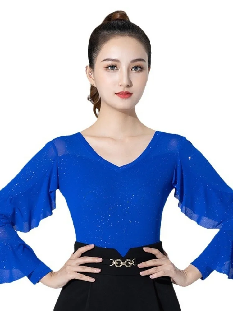 여성 라틴 댄스 탑 메쉬 프릴 긴 소매 장착 블라우스 살사 바차타 공연 의상 무대 경쟁 착용