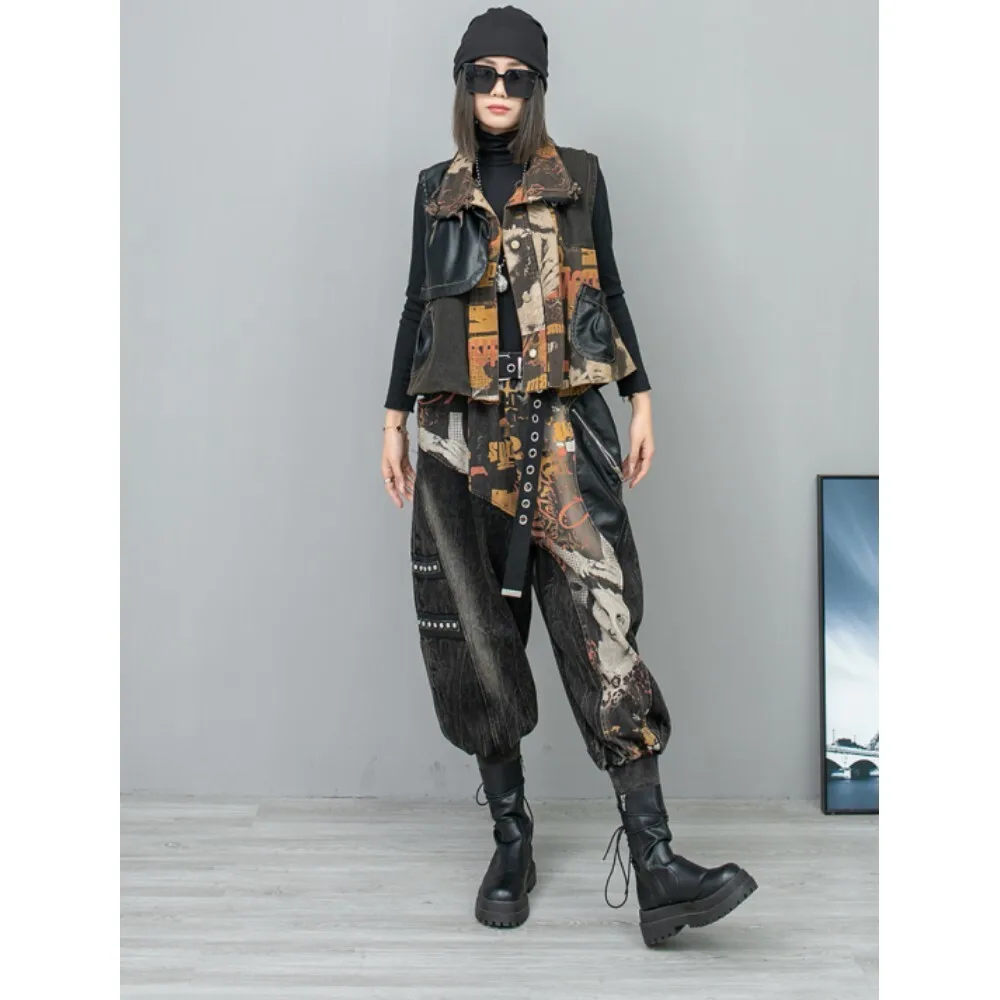 

Trendy Cool Personalized Pant Set Women Vintage Printed Spliced Denim Vest + Harem Pants Two-piece Set 2024 Autumn ZF121