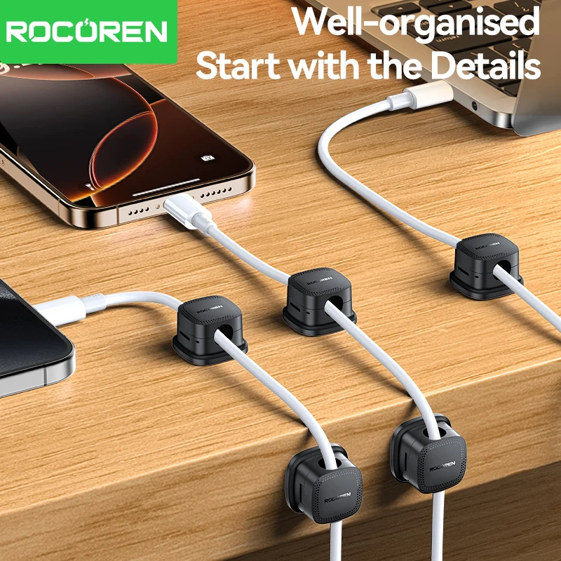 Rocoren منظم الكابلات المغناطيسية حامل كابل سلس قابل للتعديل تحت المكتب 6 قطعة إدارة الكابلات المستقرة سلك حارس كابل كليب