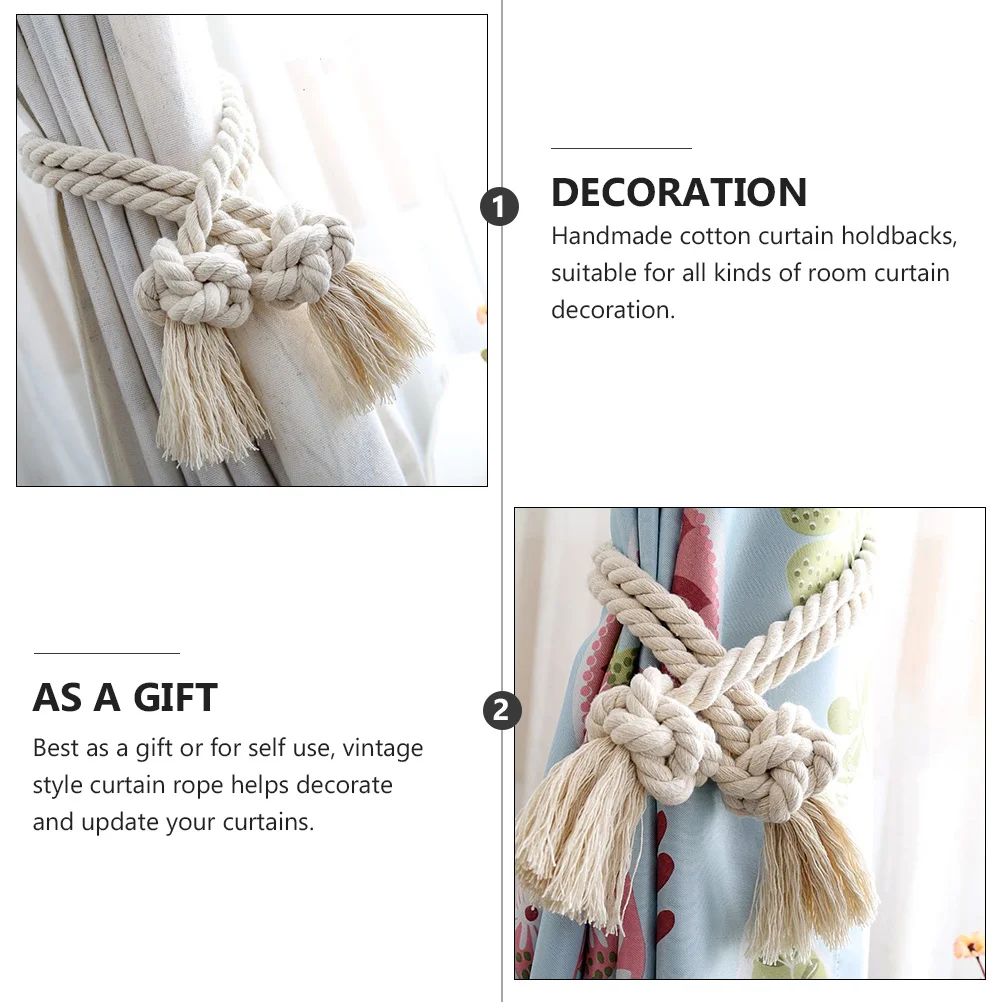 2Pcs Vintage Curtain Tiebacks Handmade Cotton Rope Knit Tassel Holdbacks for Country Style Window Curtains Curtain Rope