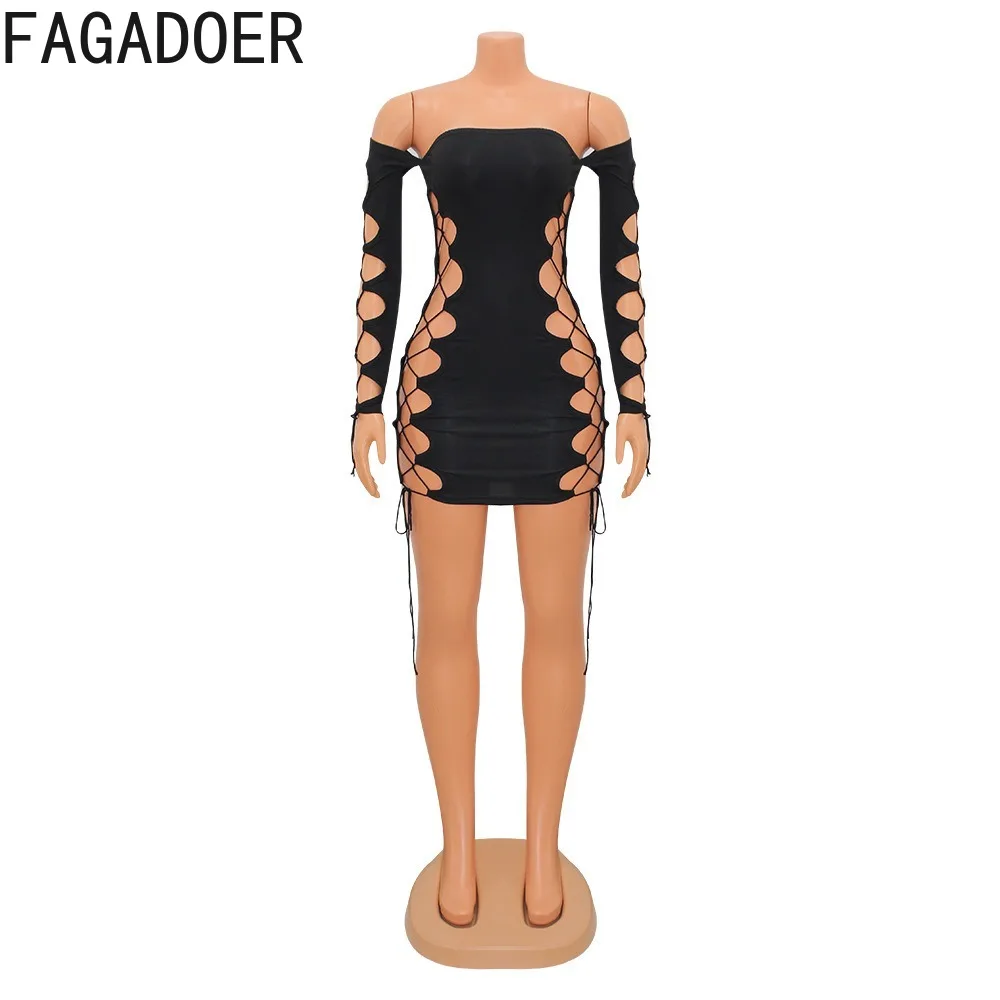 FAGADOER Black Sexy Solid Color Hollow Out Bandage Off Shoulder Mini Dress 2024 Women Backless Long Sleeve Slim Lace Up Vestidos