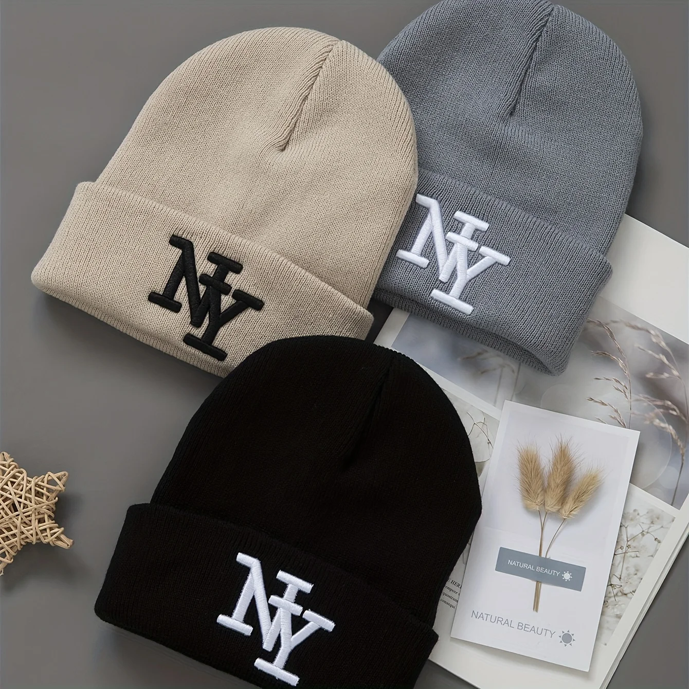 1/2/3pcs Unisex Winter Beanie Hats, Solid Color Knitted Warm Outdoor Caps with Embroidered Hand Washable