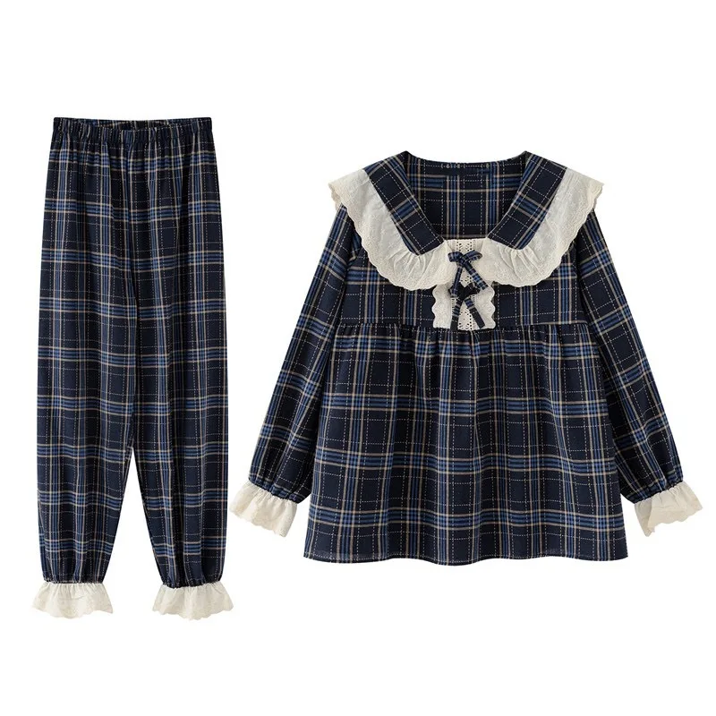 Spring and Autumn New Women\'s Pajamas Homewear Suit Female Court Style Doll Collar Japanese Girl Plaid Autumn and Winter Homewea