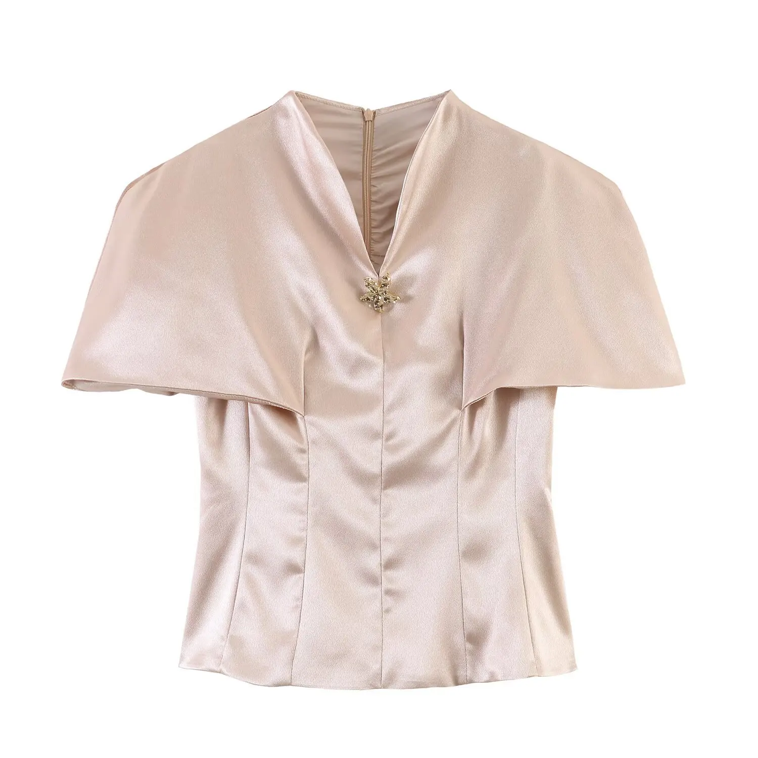 2026 Summer New Women's Clothing Silk Satin Texture Slim Stand-up Collar Cape Waist Short-sleeved Shirt Top
