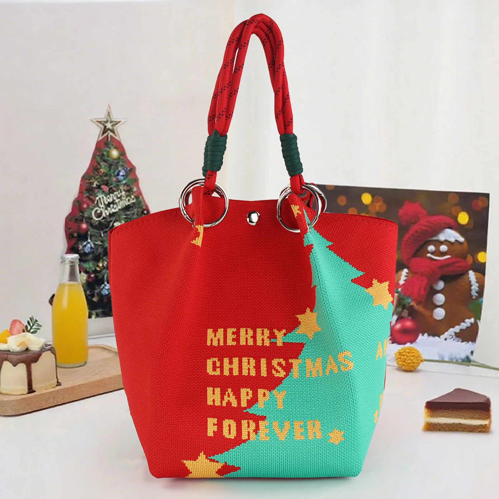 1pc Knitted Tote Bag Soft Yarn Fabric for Christmas Shopping Daily Commute Lightweight Purse Women's Gift Handbag Durable