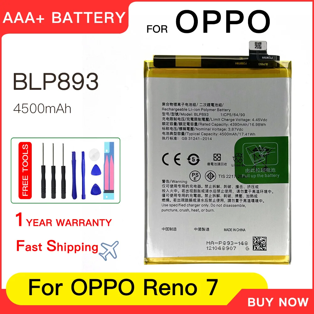 

Genuine Battery 4500mAh BLP893 Battery For OPPO Reno7 / RENO 7 Repair Part Capacity Phone Batteries batteria+Free tools