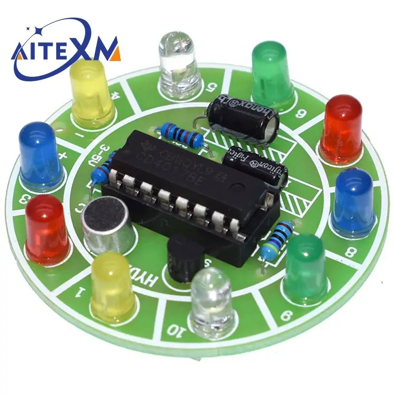 AITEXM CD4017 Colorful Voice Control Rotating LED Light Kit Electronic Manufacturing DIY Kit Spare Parts Student Laboratory